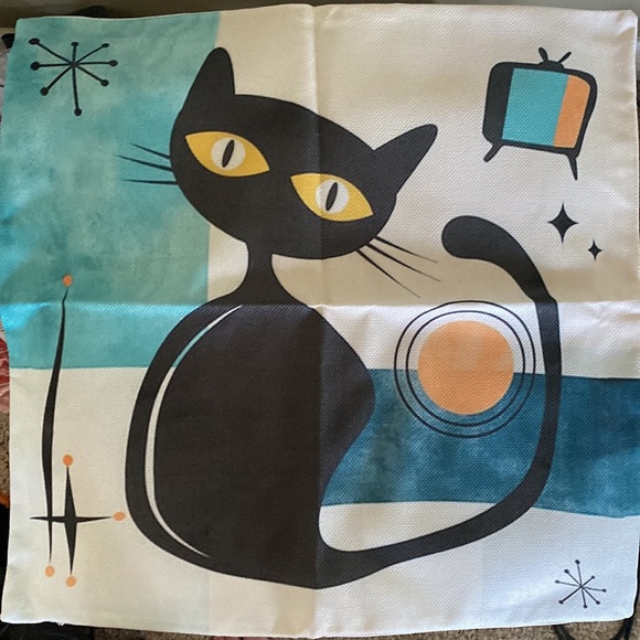 🆕Cute Mid-Century Modern Themed Linen Cat Pillow Covers- Single Cat with TV - Picture 5 of 6